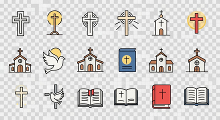 Christian Religious Symbols Cross, Church, Bible Illustrations