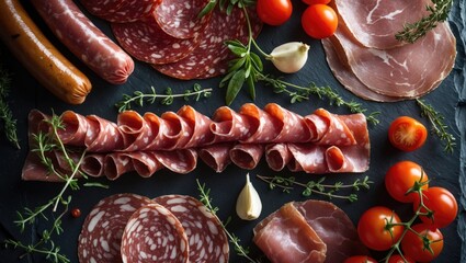 Salami and smoked sausage on a dark stone background with space for text