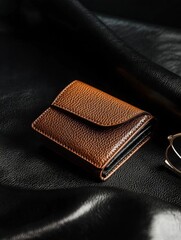 Small, brown leather wallet lying on a black leather surface. the wallet appears to be made of a textured leather material with a snake skin pattern.