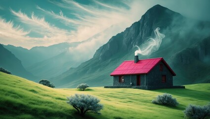 A solitary house with a red roof nestled in a Kyrgyz mountain valley amid lush meadows and rugged slopes.
