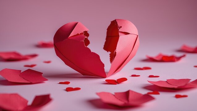 Red paper heart split into two parts on pastel pink background, symbolizing broken heart, top view, copy space - Powered by Adobe
