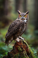 This stunning image captures an owl perched regally on a moss-covered stump, showcasing its fierce gaze and intricate feather patterns against a soft, blurred forest backdrop.