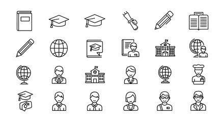 Education Icons School, Graduation, Globe, Student, and Book Illustrations