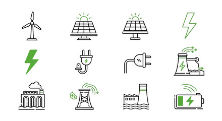 Renewable Energy Icons Green Power, Solar, Wind, and Electricity Symbols