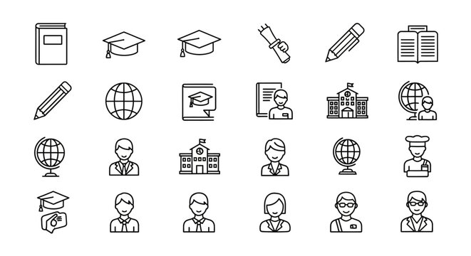 Education Icons School, Graduation, Globe, Student, and Book Illustrations