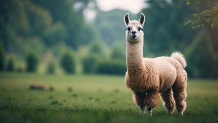 Fototapeta premium A peaceful brown llama grazing on lush green pasture beneath a cloudy sky, showcasing its gentle nature.