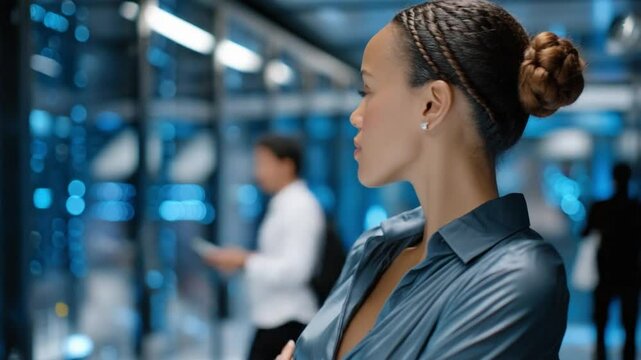 Data Center Expertise: A skilled data center professional woman, with a neat bun hairstyle, confidently oversees server operations in a high-tech environment.