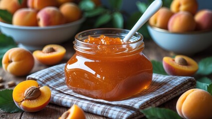 Homemade apricot jam and fresh apricot fruits on a wooden background
