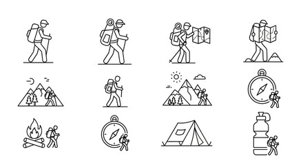 Hiking Adventure Line Art Illustrations of Hikers, Camping, and Nature