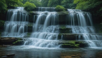 Fototapeta premium Huay Mae Khamin waterfalls amidst lush forest at Srinakarin National Park, Kanchanaburi, a stunning rainforest waterfall in Thailand