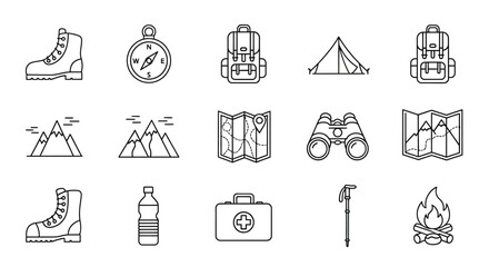 Hiking and Camping Line Icons Adventure Gear, Equipment, and Nature Illustrations