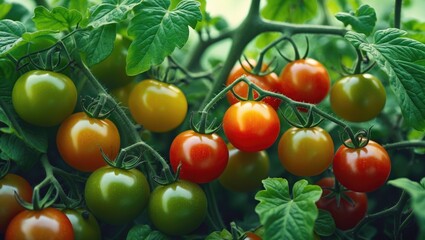 Detailed closeup of a colorful assortment of fresh tomatoes highlighting their natural ripeness and health benefits