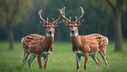 Obraz premium Majestic Summer Fallow Deer Pair Standing in Meadow with Antlers, Front View