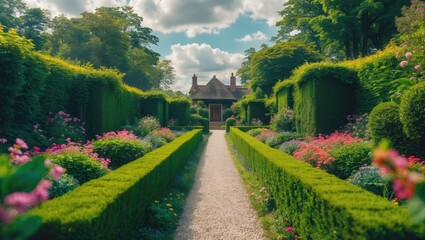 Fototapeta premium Vivid landscape scene showcasing a lush garden with mowed grass, vibrant flowerbeds, and leafy shrubs in an outdoor English style environment