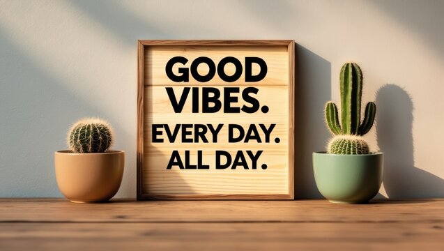 Motivational interior wall quote for a happy home: good vibes all day long