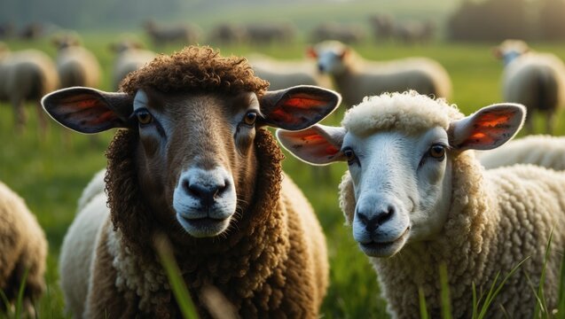 Cute and funny Finnsheep livestock enjoying summer grass in the countryside