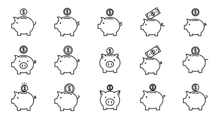 Piggy Bank Savings Icons 15 Line Art Illustrations for Financial Projects