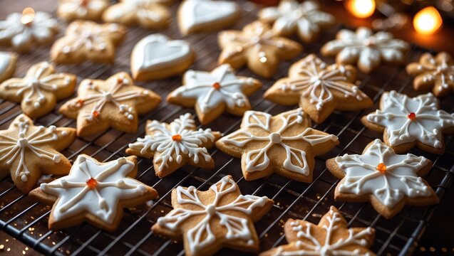 Festive homemade gingerbread cookies shaped like hearts and stars with intricate white icing decorations