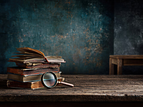 A captivating still life featuring a stack of vintage books and a magnifying glass, inviting exploration and reflection on the timeless allure of literature and knowledge.