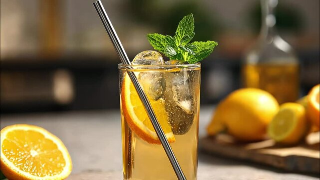 Refreshing iced mint lemonade in tall glass with condensation and fresh lemon slices, basking in warm summer sunlight