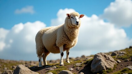 Fototapeta premium Cute sheep standing on green grass in Cusco, Peru