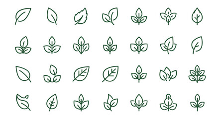 Collection of 30 Green Leaf Line Art Icons EPS Vector Graphics for Design Projects