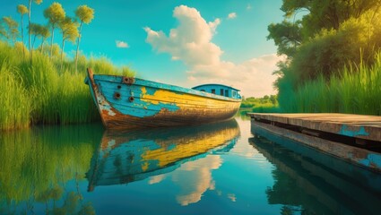 A vessel moored at the shoreline of a forested river, surrounded by nature
