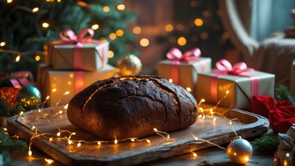 A traditional Romanian cozonac displayed on a wooden board amidst holiday decorations and lights, embodying festive warmth and sweet celebration