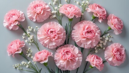 Spring floral banner featuring pink carnations and gypsophila on a light grey background for Mother's Day or Valentine celebration.