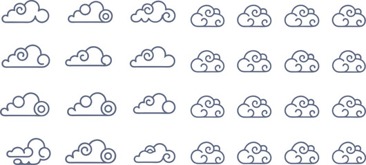 Collection of Twenty One Different Cloud Icons with Swirls and Rounded Shapes