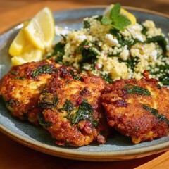 Pan-fried patties with couscous and greens