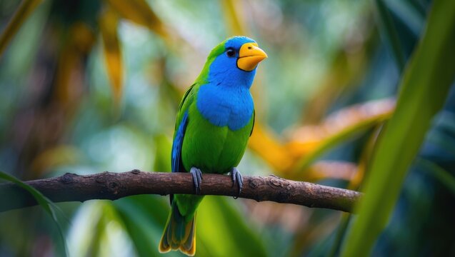 Vibrant emerald toucanet perched amidst lush rainforest foliage