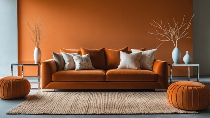 Plakat Contemporary living space featuring a couch and poufs against a vibrant orange wall
