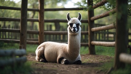 Fototapeta premium A peaceful llama resting in a rural outdoor enclosure amid spring foliage