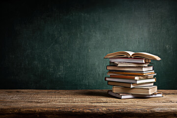 A neatly arranged stack of books sits on a rustic wooden table, showcasing an open book on top against a textured, dark green background.