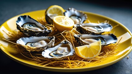 A tasty serving of 6 oysters with lemon on a wooden board at a seafood restaurant