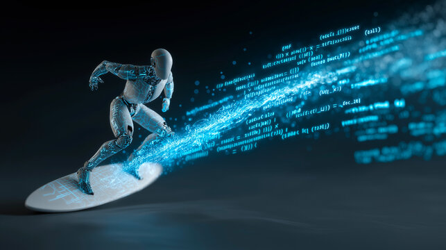 Futuristic robot surfing digital code wave, embracing artificial intelligence and technology innovation – Concept for data flow, automation, and virtual progress.
