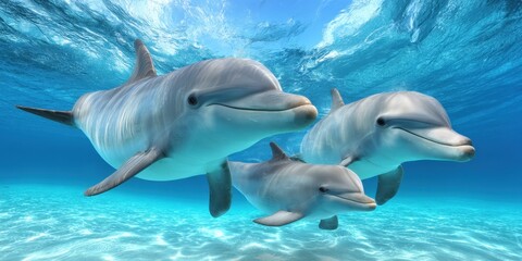 Naklejka premium Three dolphins swim together in clear blue ocean water, illuminated by sunlight.