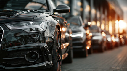 Fototapeta premium Shiny new cars lined up in a dealership, showcasing modern automotive elegance and sleek design.