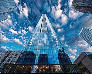 This striking image captures a towering glass skyscraper reflecting the sky, showcasing contemporary architecture against a backdrop of dynamic clouds and urban landscape.