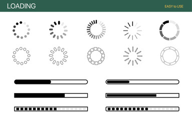 Loading icons progress bar Buffer loader or preloader loading bar signs download upload progress sign symbol buttons.
