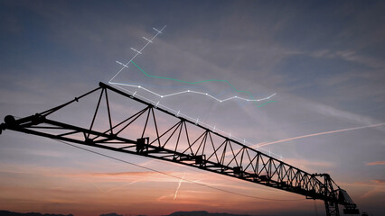 Close-up of an excavator crane at a colorful sunset with a 3D graphic overlay of graphs and statistics. Construction data analysis concept