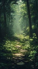 Obraz premium Sunlit woodland path: A tranquil journey through a vibrant, thriving ecosystem
