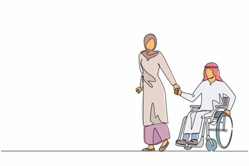 Continuous one line drawing Arabian wife walk the park with disabled husband, man on wheelchair. Assistance in rehabilitation of disabled person. Lovely couple. Single line draw design vector graphic