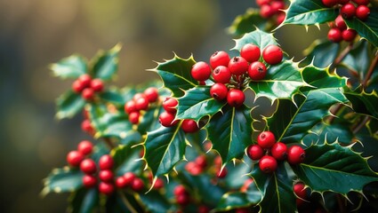 Obraz premium Common holly (Ilex aquifolium): A Christmas wreath staple symbolizing the crown of thorns and Christ's blood with berries