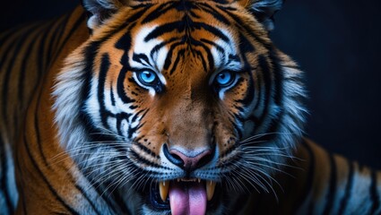 Naklejka premium Portrait of a Bengal tiger's head on black background with copyspace