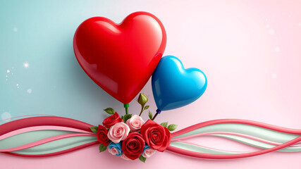 Red and blue heart balloons with roses for valentines day