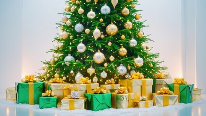Elegant white and gold Christmas tree with shiny ornaments and gift boxes on festive background