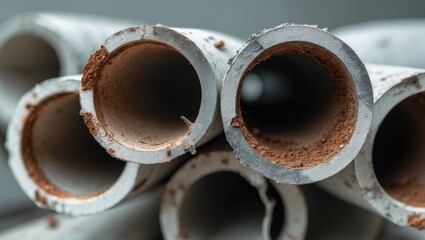 Aged polypropylene plumbing pipes affected by rust, limescale, and sludge buildup.