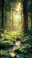 Obraz premium Enchanted forest scenery with sunbeams filtering through trees, creating a magical atmosphere